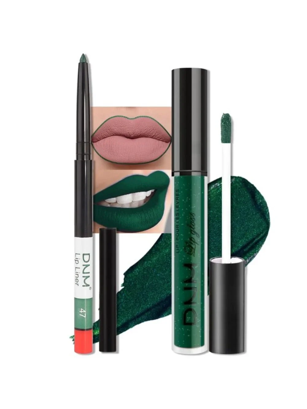 DNM 47# Emerald Green Shimmer 2Pcs Long-Lasting Matte Liquid Lipstick Lip Liner